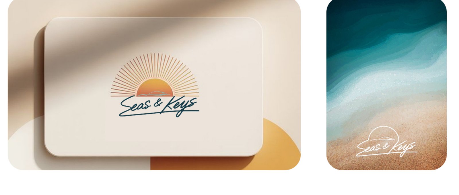 Branded card with a sunset motif, and the logo in sand on a beach