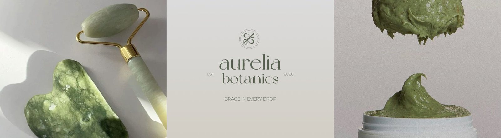 Aurelia Botanics brand band featuring a jade facial roller, wordmark lockup, and green cream jars