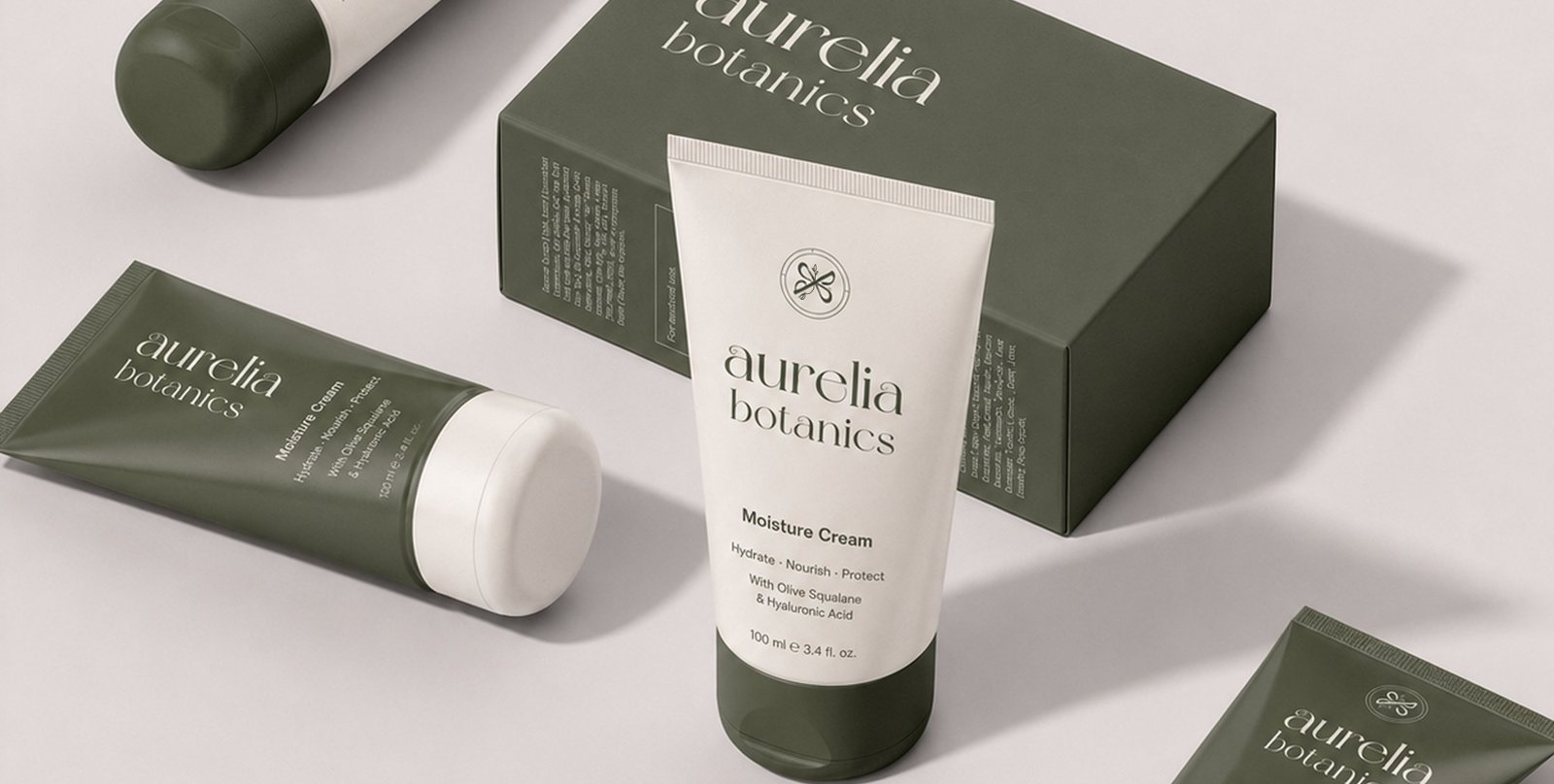 Aurelia Botanics Moisture Cream tube and box packaging in the brand's fern green