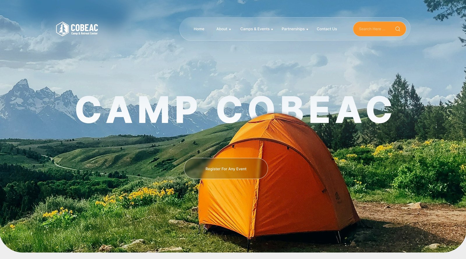 The CoBeAc website hero, Camp CoBeAc over an orange tent in a mountain meadow