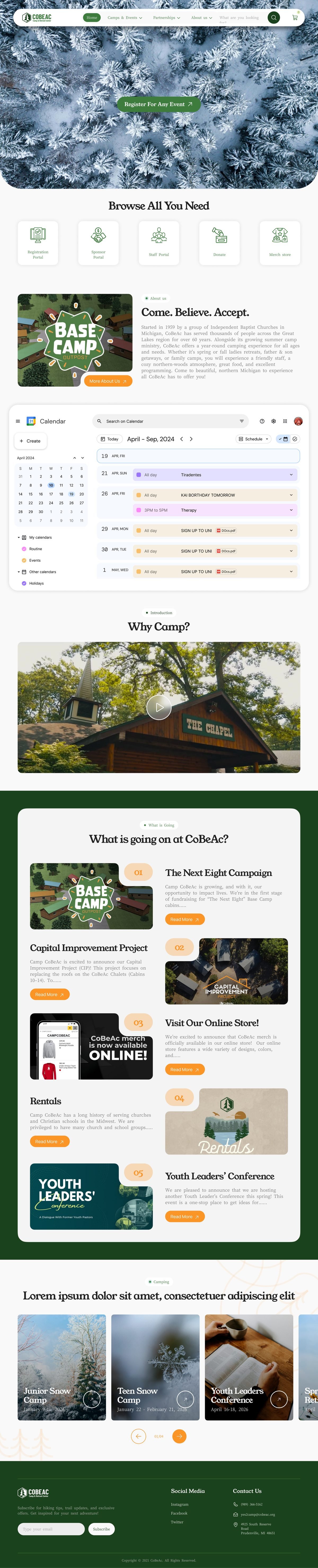 The full CoBeAc homepage design, scrolling from the hero through events and camp news