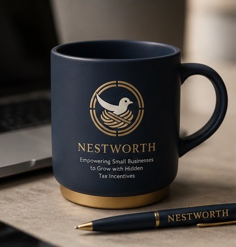 A matte navy NestWorth mug with gold logo and base, next to a branded pen