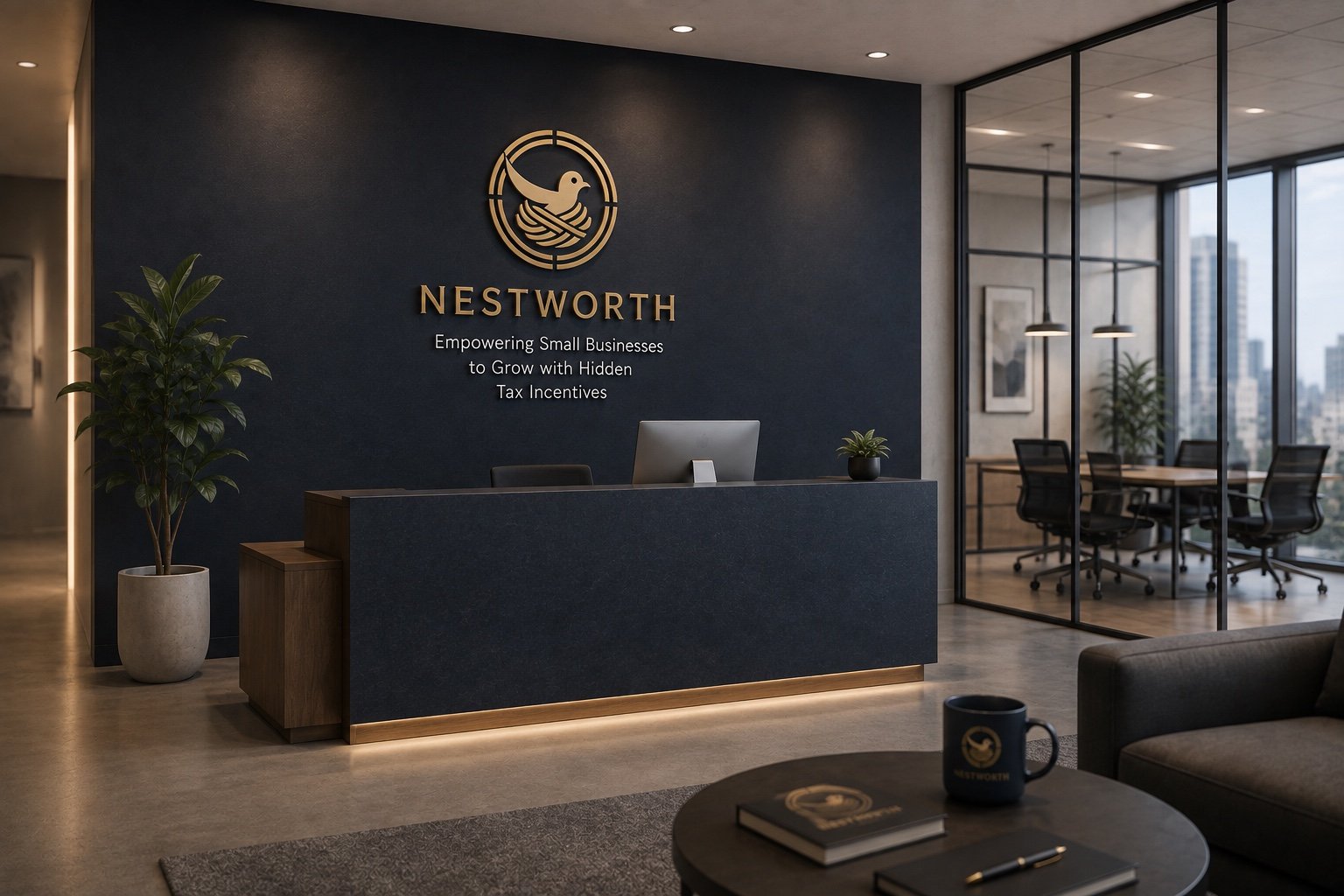 NestWorth's bird-and-nest mark and wordmark on a reception wall, with a branded mug on the table in front