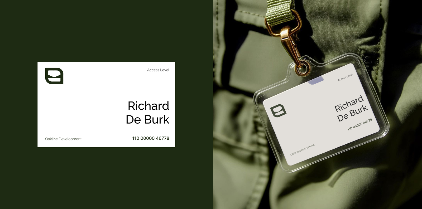 An Oakline Development Group employee ID badge on a lanyard