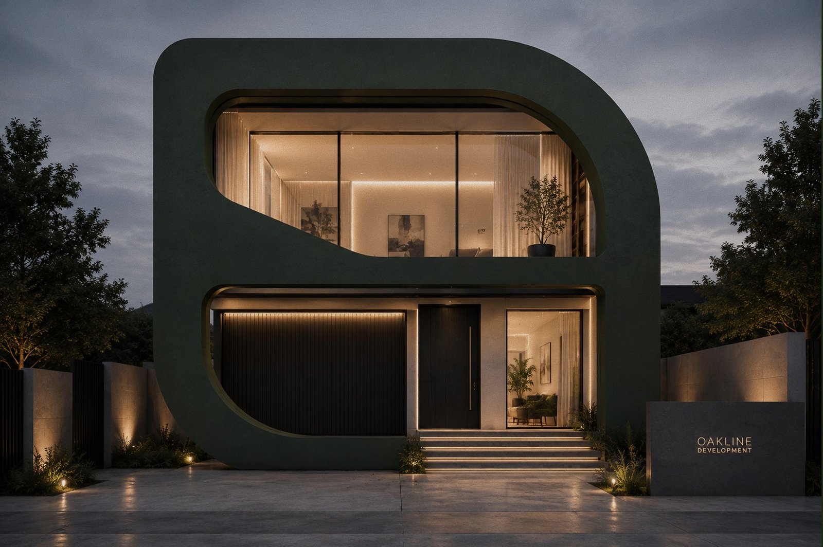 An Oakline Development Group home shaped like the brand's O logomark, glowing at dusk