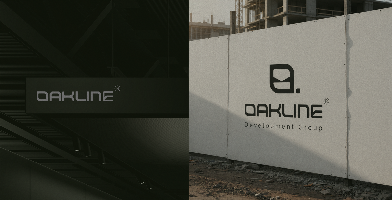 Oakline Development Group signage on a lit sign board and construction site fencing