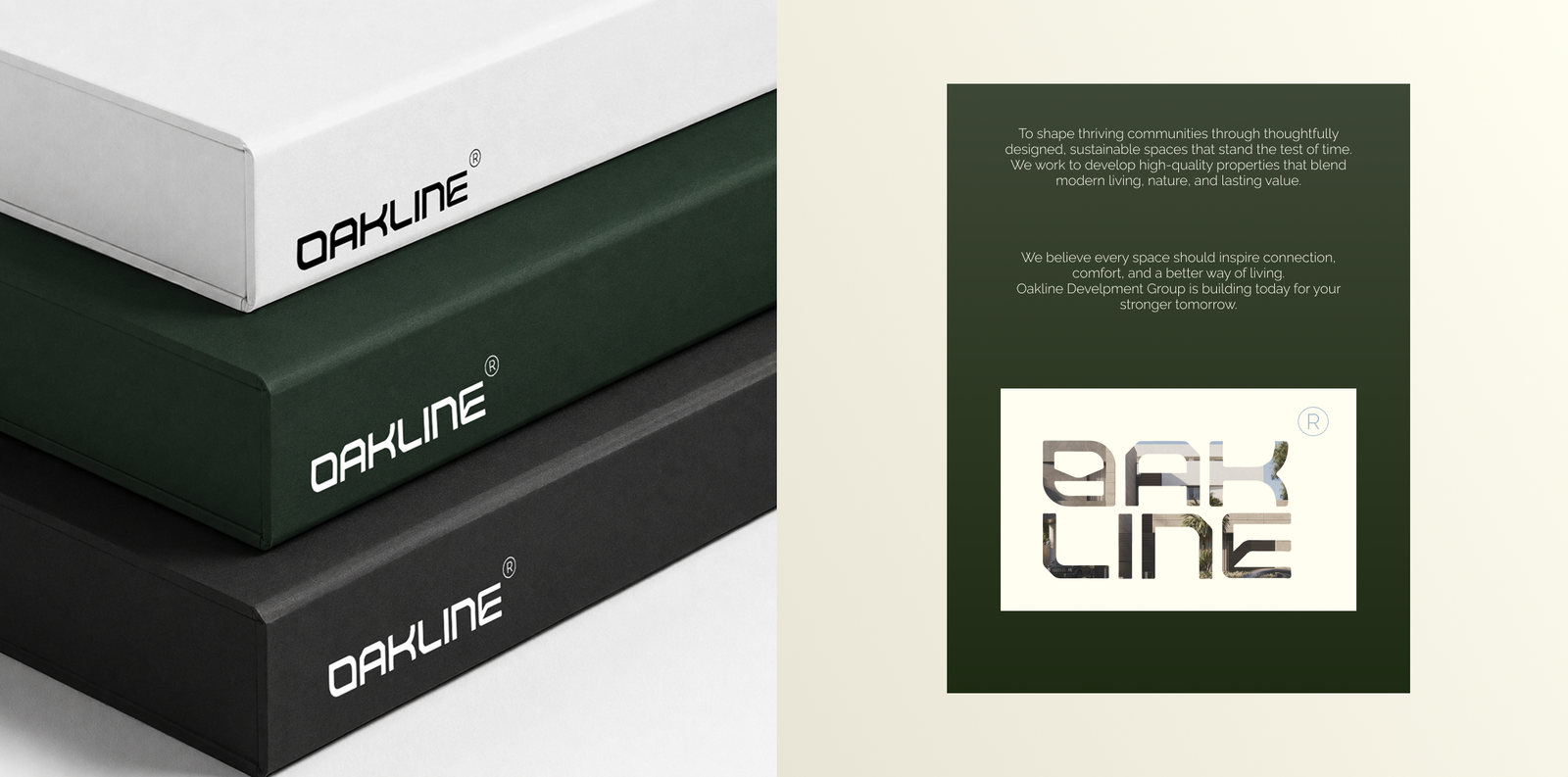 Stacked Oakline Development Group packaging boxes beside the brand mission statement