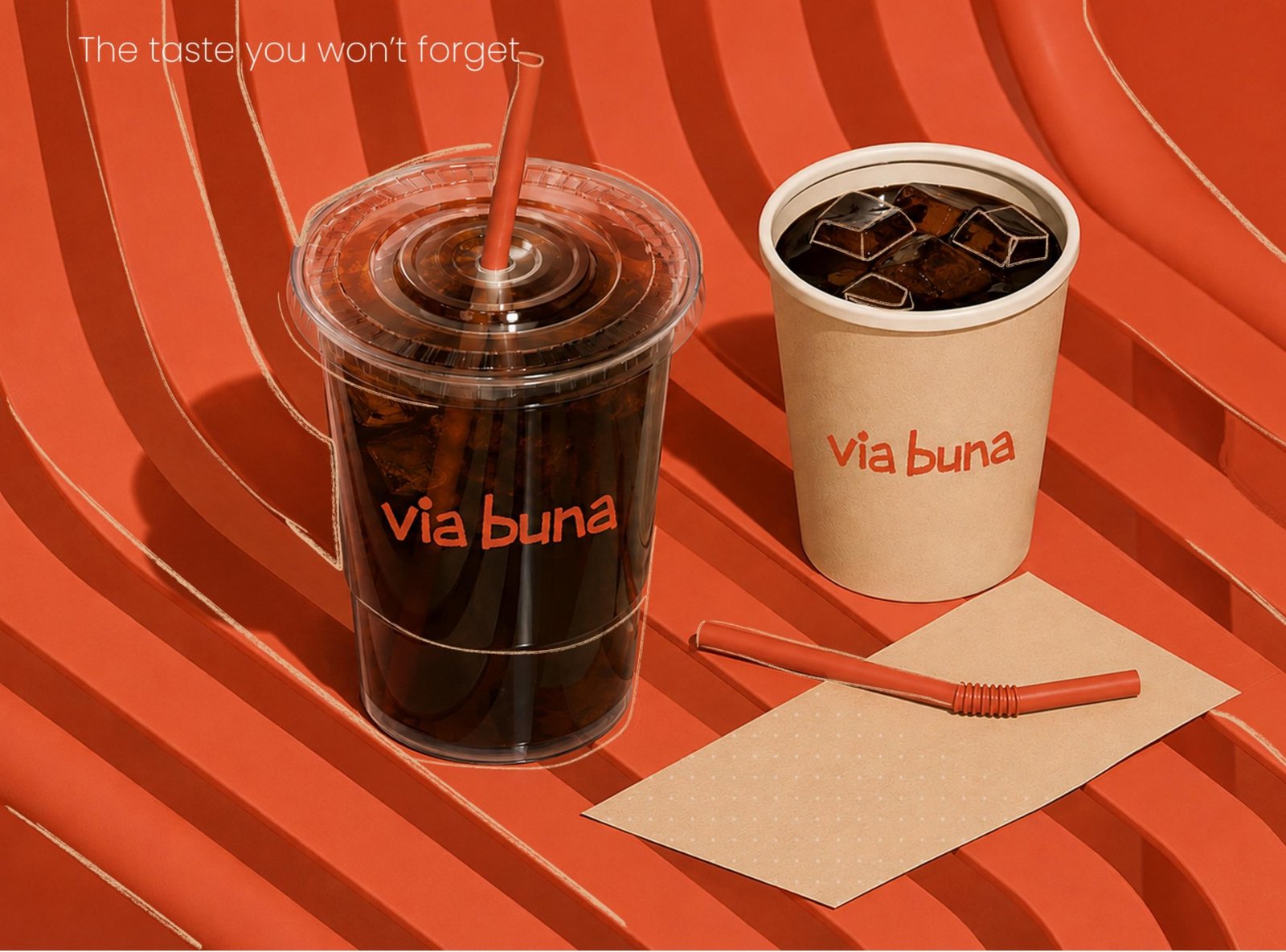 Via Buna iced coffee cold cup and kraft hot cup, both branded