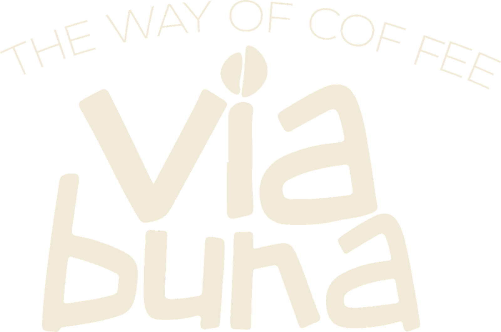 The Via Buna badge lockup with tagline, in cream
