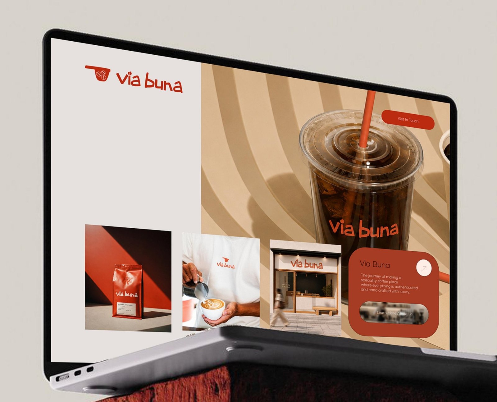 Via Buna homepage design shown on a laptop mockup