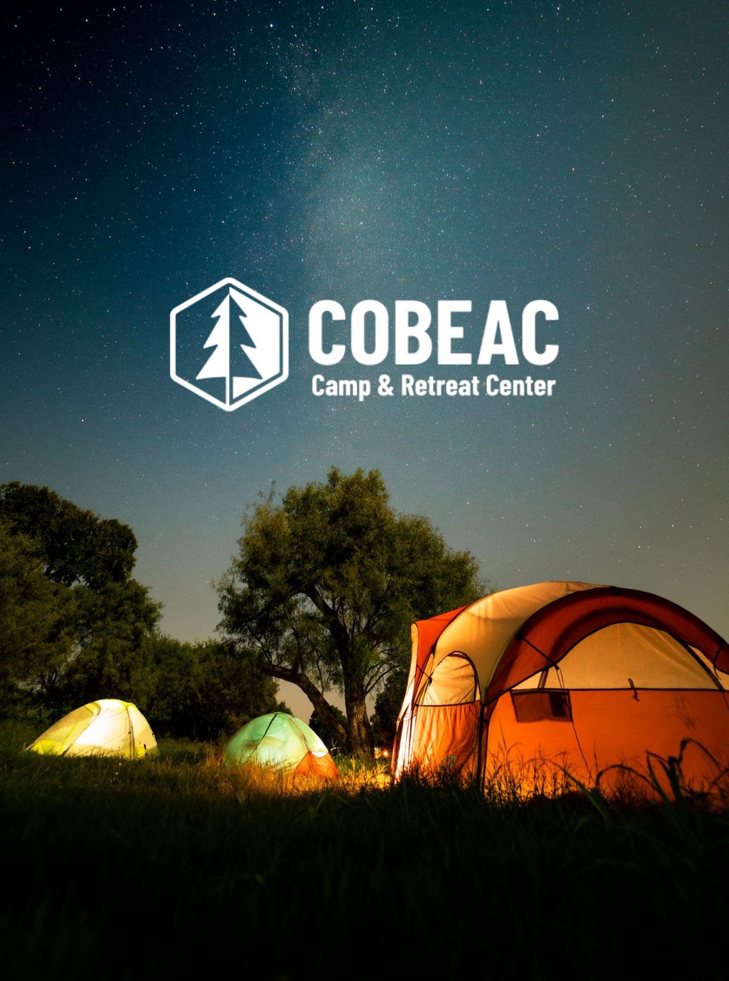 Cobeac Camp & Retreat Center logo over a starlit campsite with glowing tents