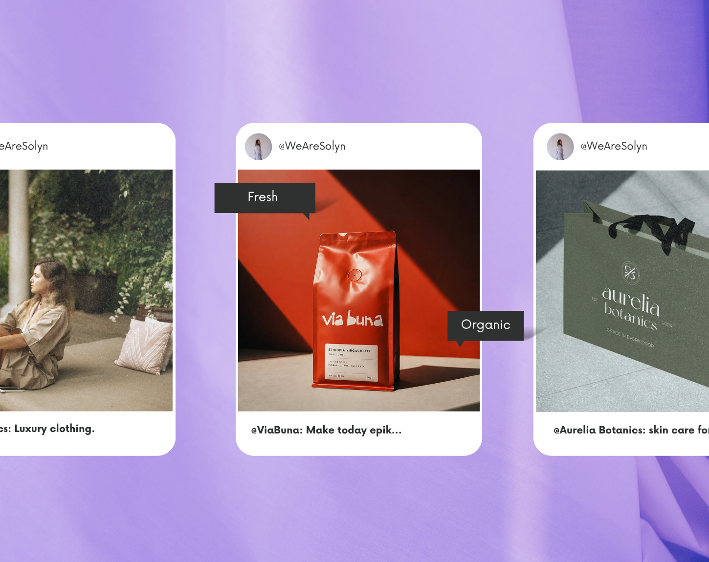 Via Buna social media brand mockups showcasing Solyn's logo and branding work